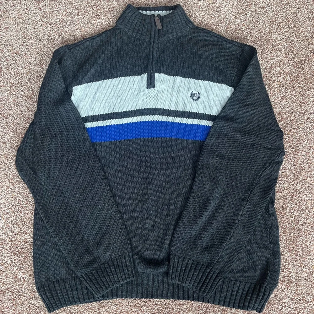 Vintage 90s‎ Chaps Blue and Charcoal Gray Striped Quarter Zip Sweater